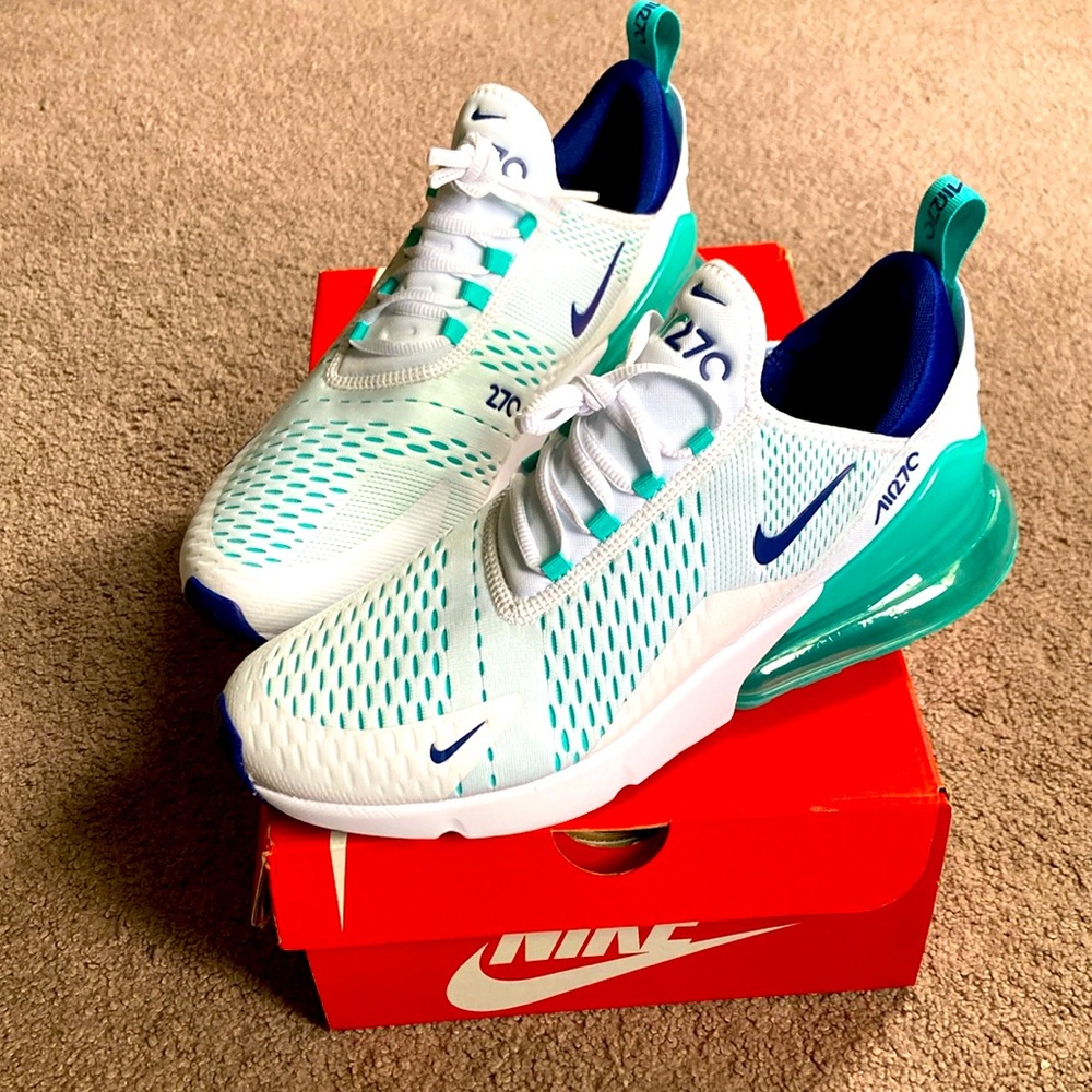 Nike Air Max 270 Running Mens Size 11.5 White Hyper Jade Deep Royal Blue